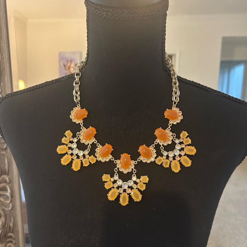 Vibrant Orange and Yellow Floral Necklace with Crystal Accents